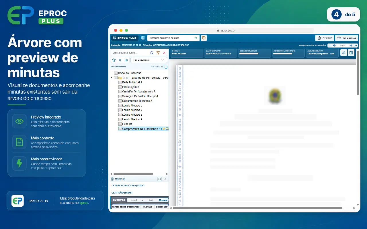Árvore processual com visualização de minutas e documentos