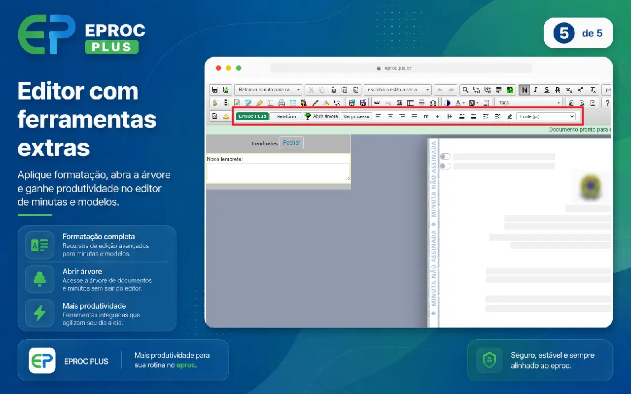 Editor de minutas com ferramentas adicionais do Eproc Plus